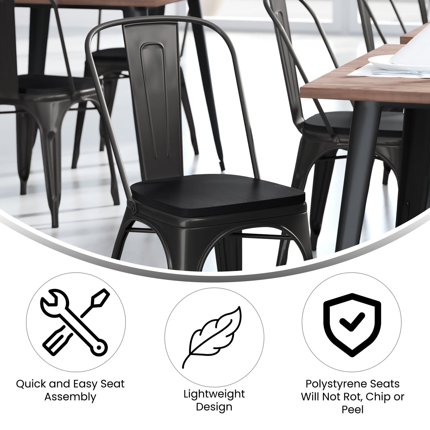 Perry Commercial Grade Black Metal Indoor-Outdoor Stackable Chair with Black Poly Resin Wood Seat
