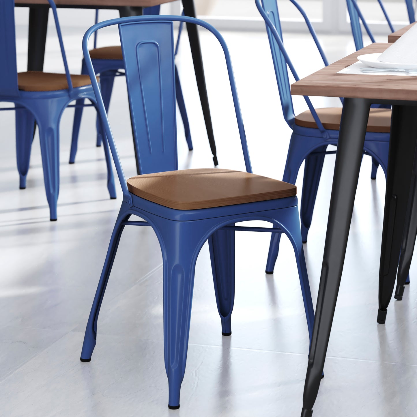 Perry Commercial Grade Blue Metal Indoor-Outdoor Stackable Chair with Teak Poly Resin Wood Seat