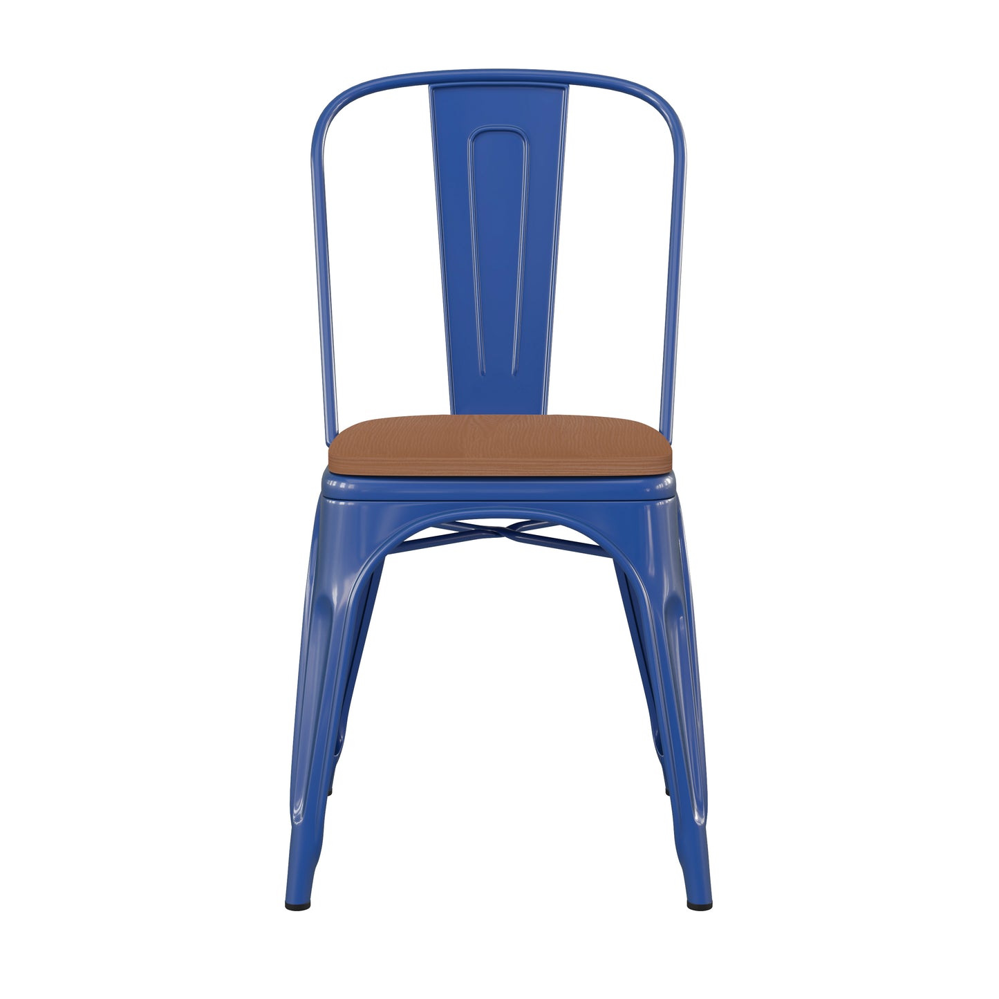 Perry Commercial Grade Blue Metal Indoor-Outdoor Stackable Chair with Teak Poly Resin Wood Seat