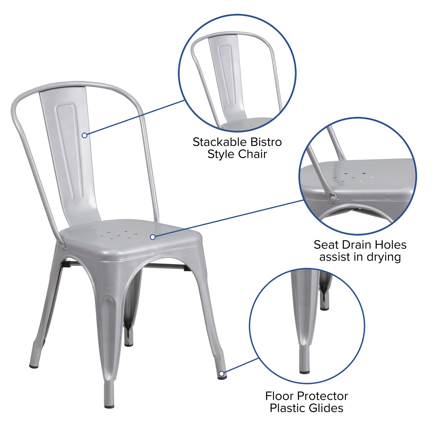 Foster Commercial Grade 31.5" Square Silver Metal Indoor-Outdoor Table Set with 4 Stack Chairs