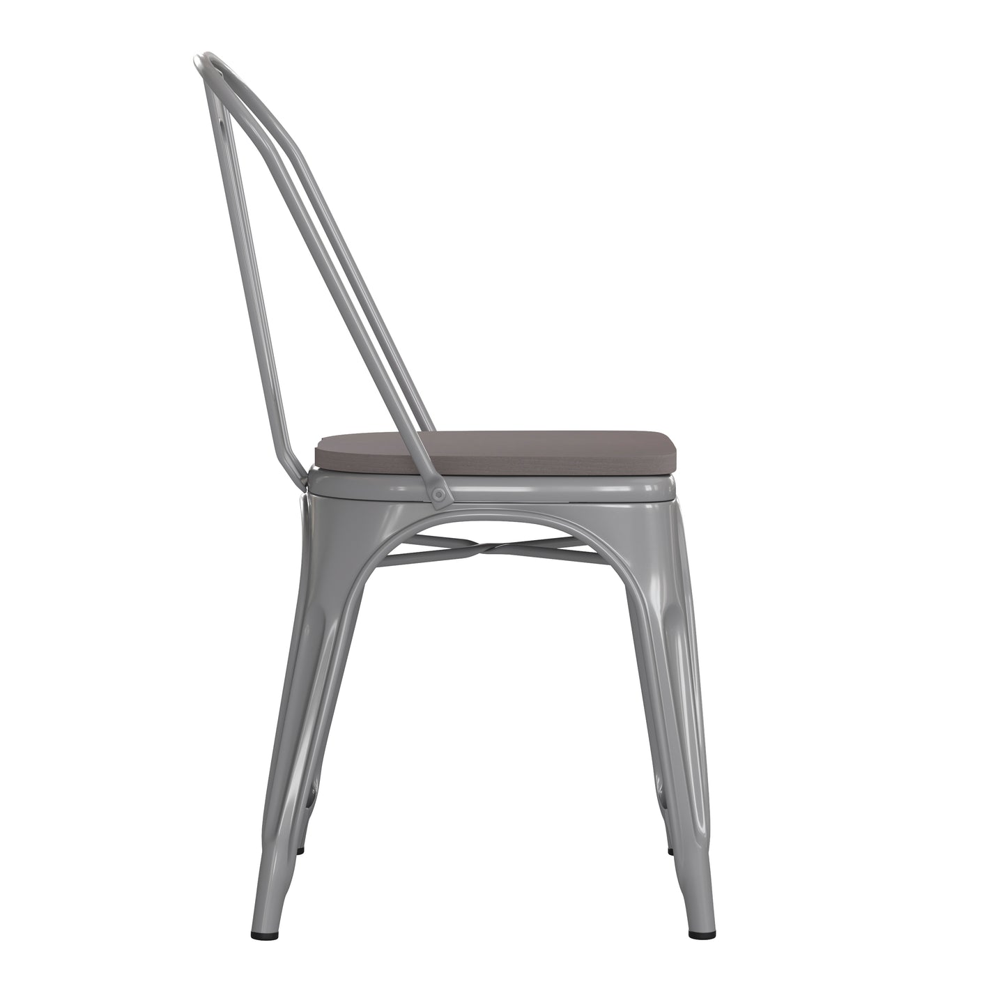 Perry Commercial Grade Silver Metal Indoor-Outdoor Stackable Chair with Gray Poly Resin Wood Seat