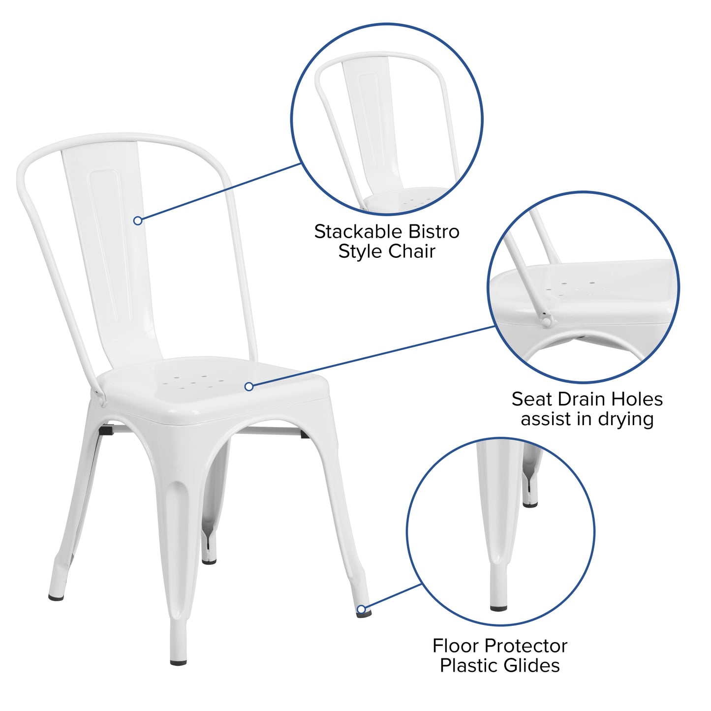 Foster Commercial Grade 31.5" Square White Metal Indoor-Outdoor Table Set with 4 Stack Chairs