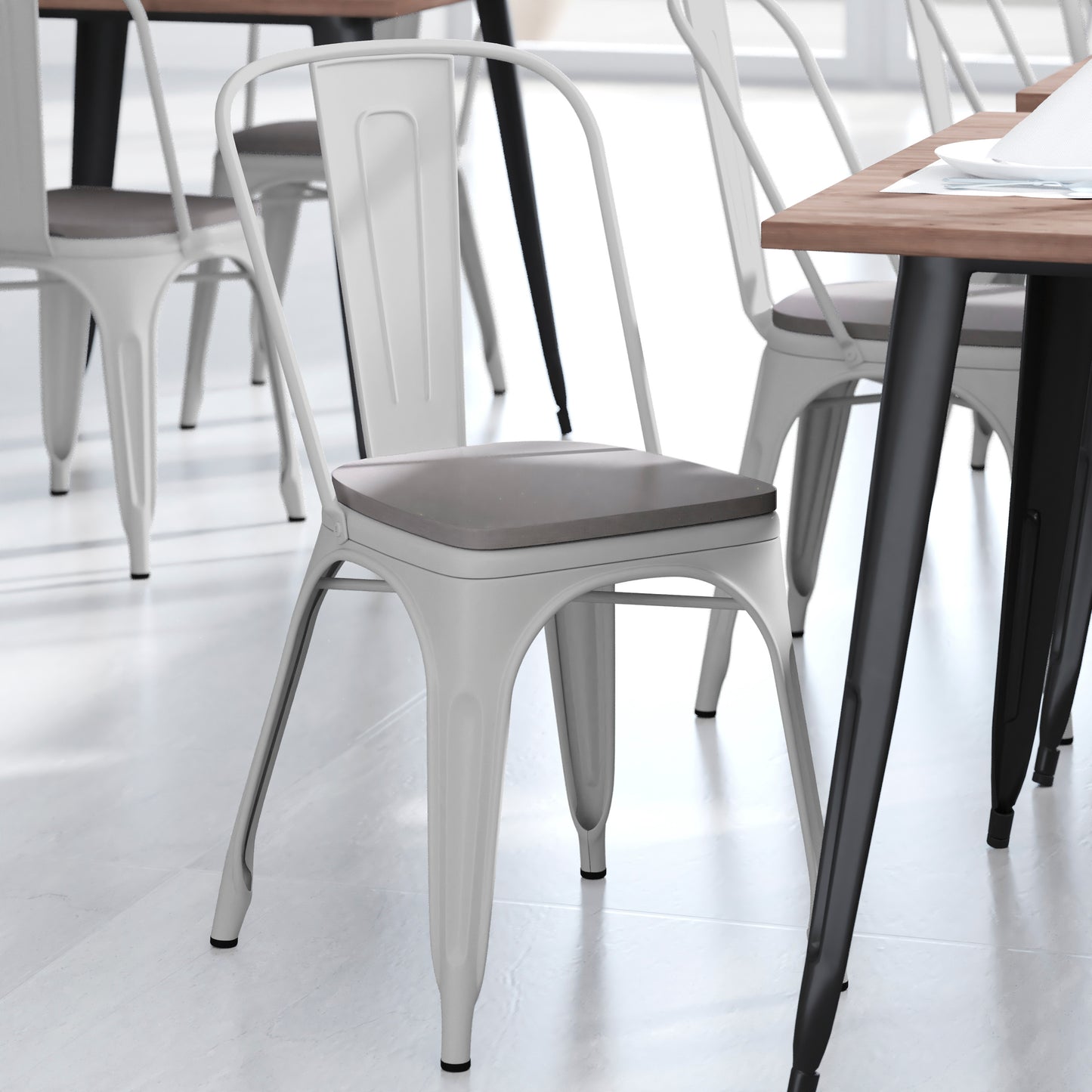 Perry Commercial Grade White Metal Indoor-Outdoor Stackable Chair with Gray Poly Resin Wood Seat