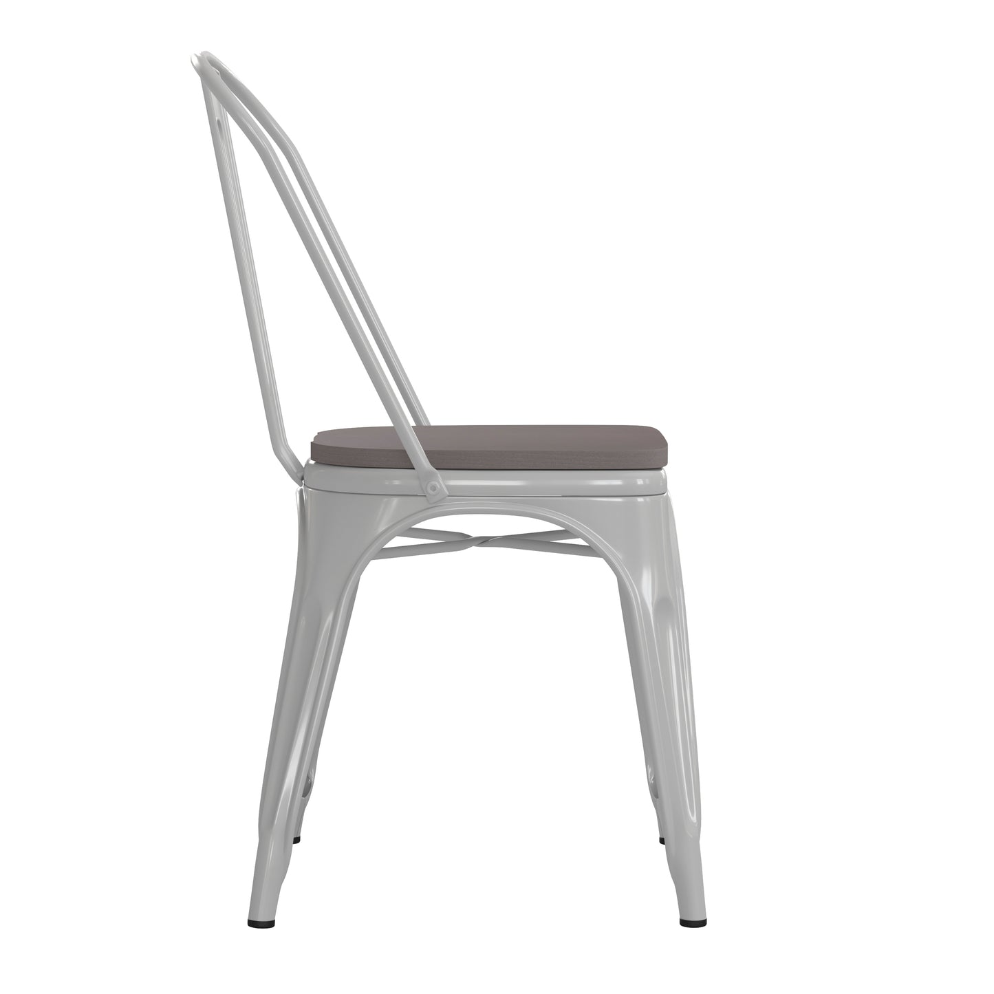 Perry Commercial Grade White Metal Indoor-Outdoor Stackable Chair with Gray Poly Resin Wood Seat