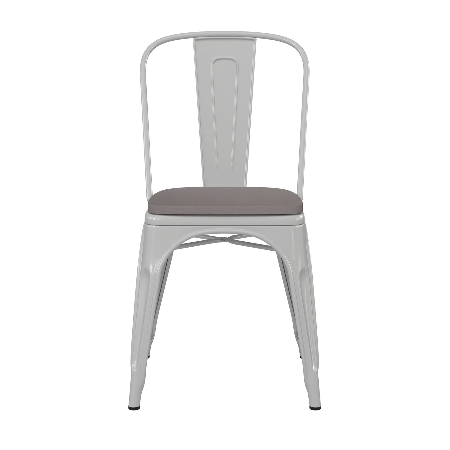 Perry Commercial Grade White Metal Indoor-Outdoor Stackable Chair with Gray Poly Resin Wood Seat