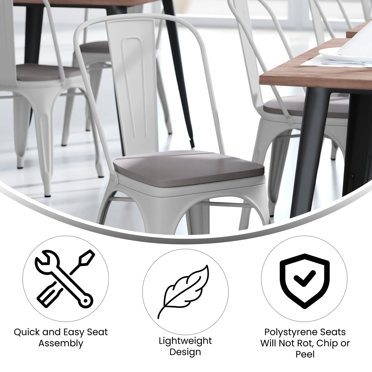 Perry Commercial Grade White Metal Indoor-Outdoor Stackable Chair with Gray Poly Resin Wood Seat