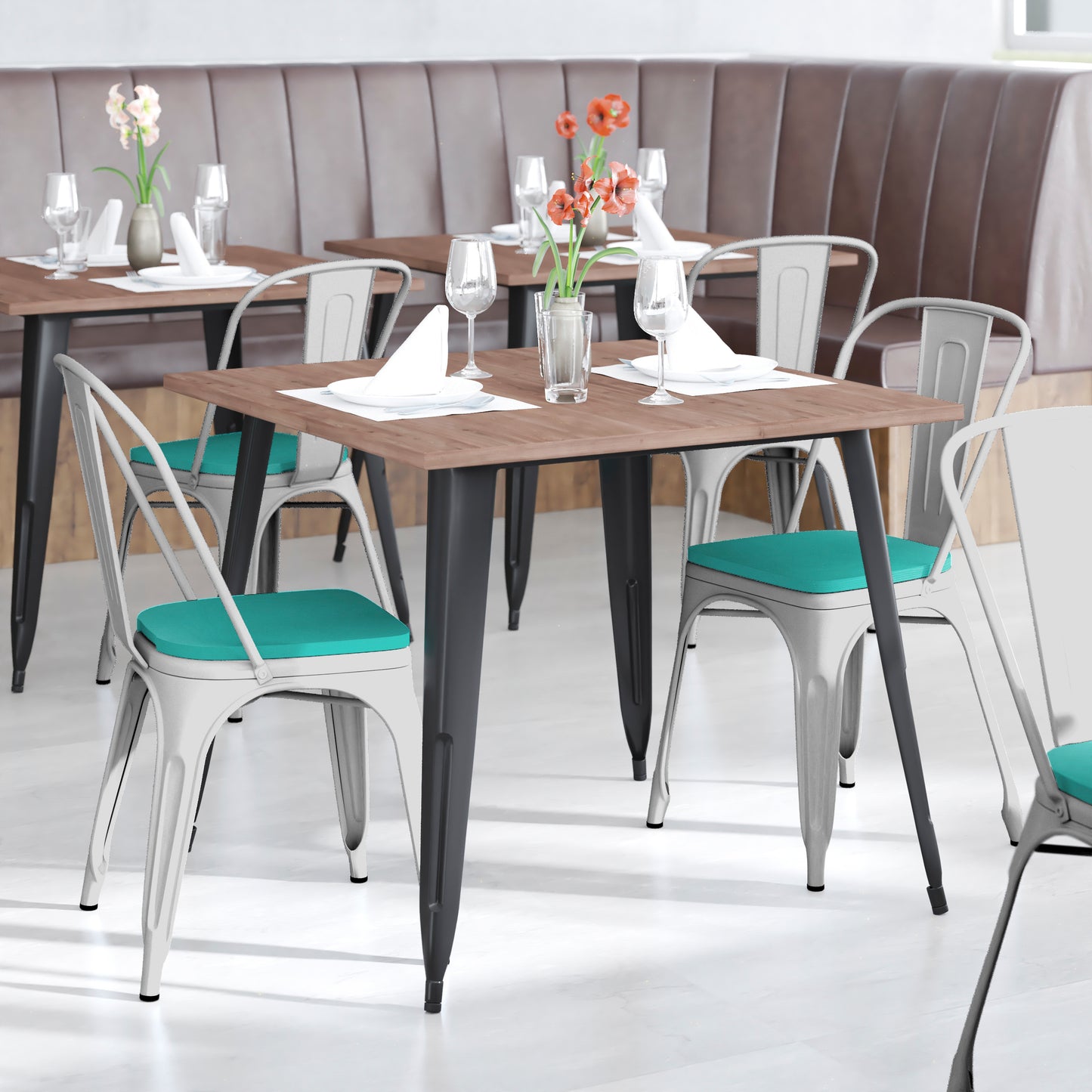 Perry Commercial Grade White Metal Indoor-Outdoor Stackable Chair with Mint Green Poly Resin Wood Seat