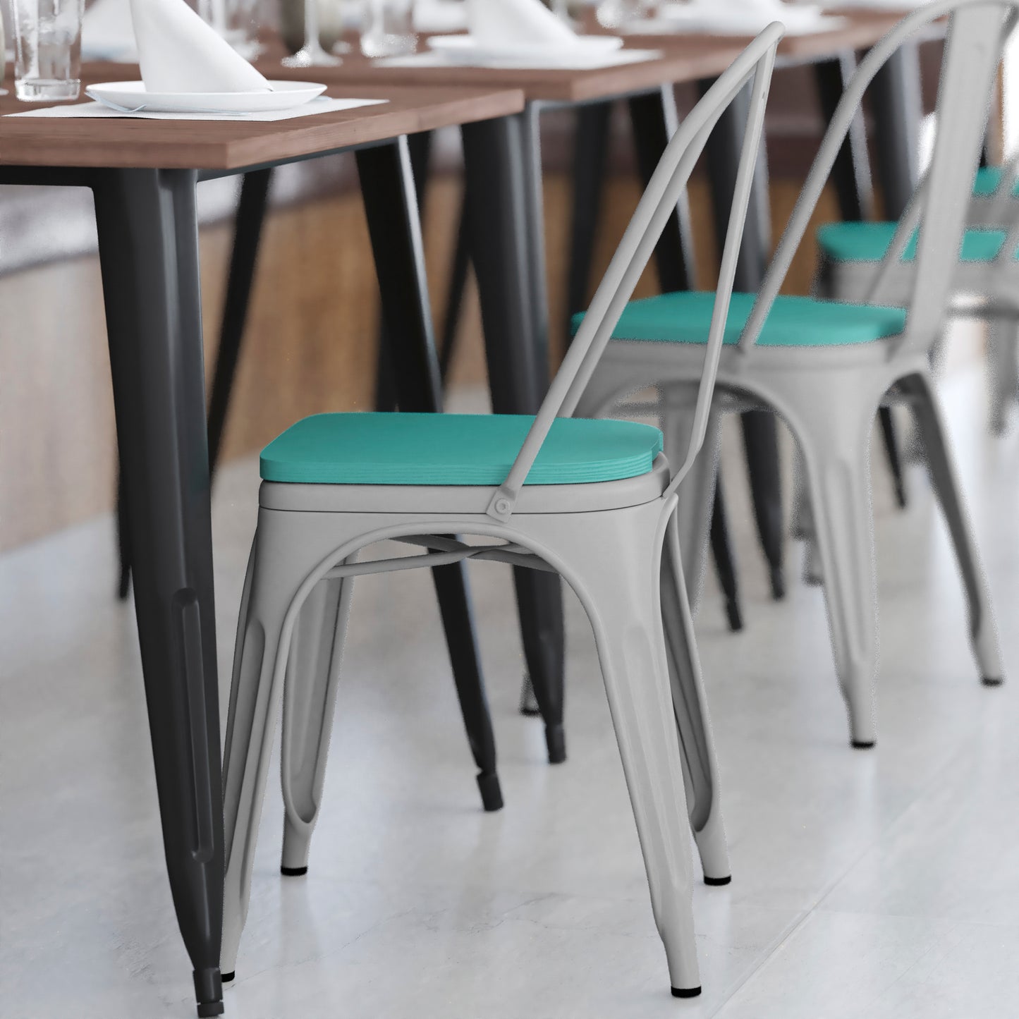 Perry Commercial Grade White Metal Indoor-Outdoor Stackable Chair with Mint Green Poly Resin Wood Seat