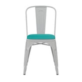 Perry Commercial Grade White Metal Indoor-Outdoor Stackable Chair with Mint Green Poly Resin Wood Seat
