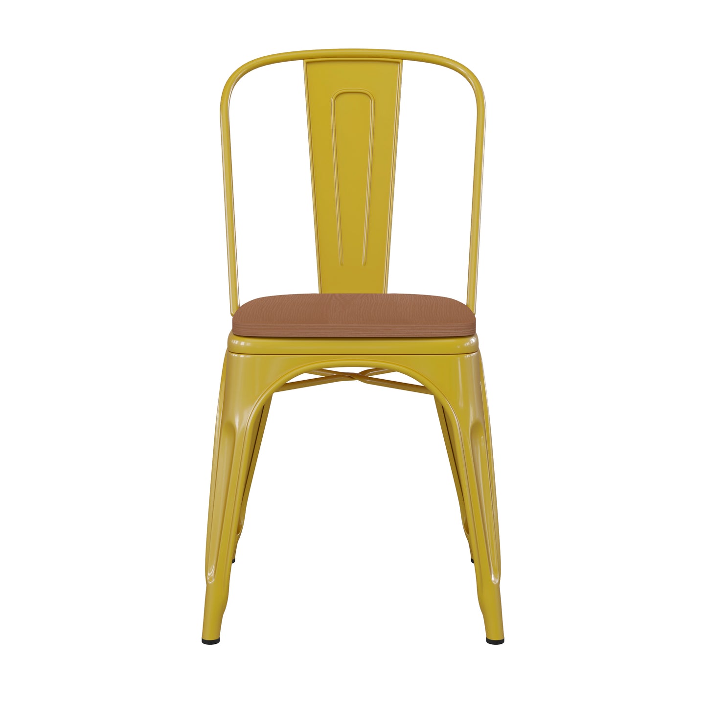 Perry Commercial Grade Yellow Metal Indoor-Outdoor Stackable Chair with Teak Poly Resin Wood Seat