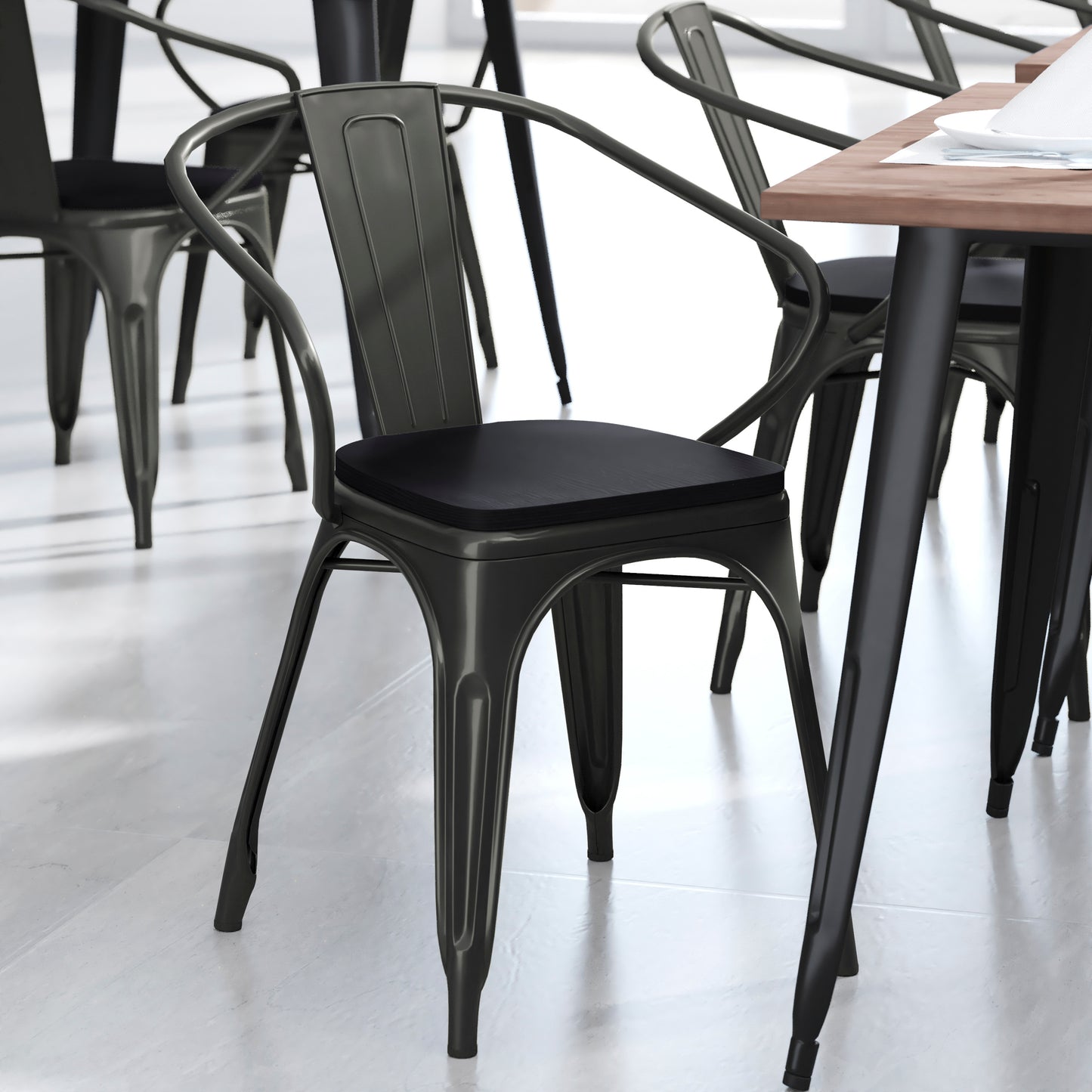 Luna Commercial Grade Black Metal Indoor-Outdoor Chair with Arms with Black Poly Resin Wood Seat