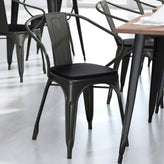 Luna Commercial Grade Black Metal Indoor-Outdoor Chair with Arms with Black Poly Resin Wood Seat