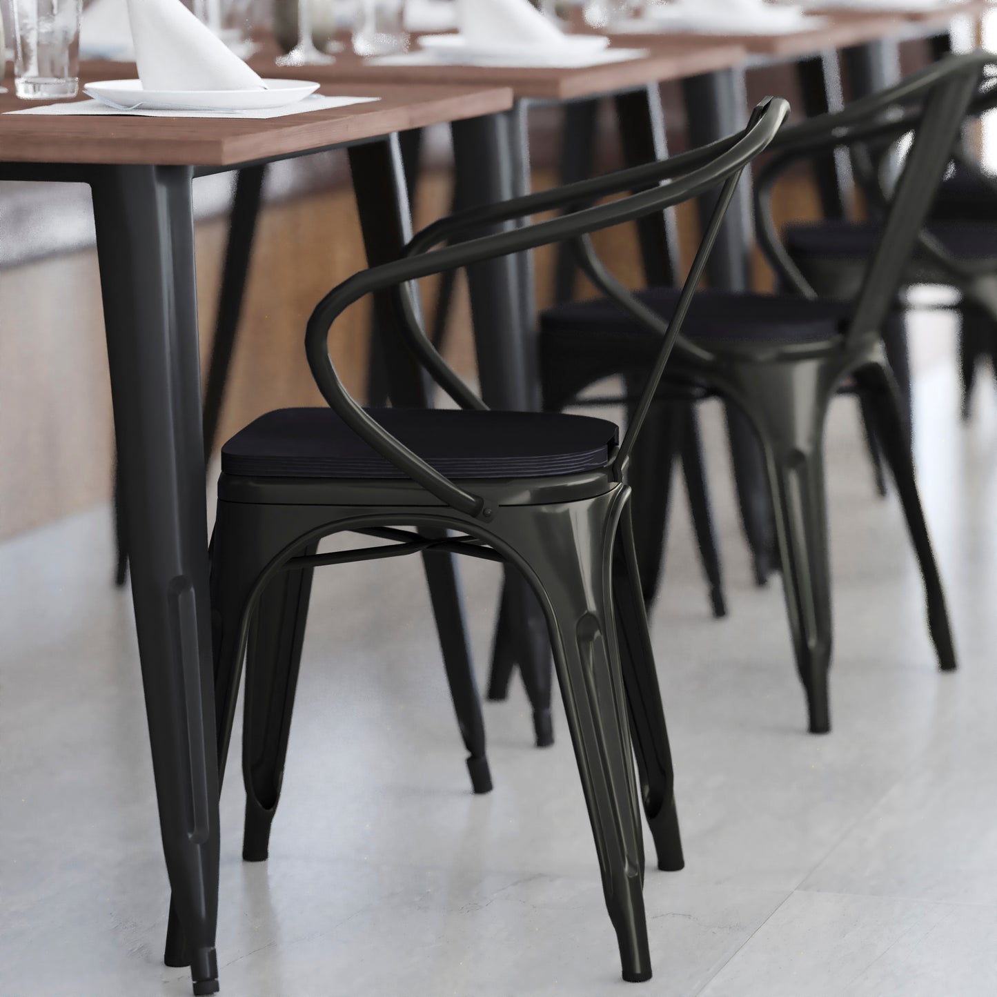 Luna Commercial Grade Black Metal Indoor-Outdoor Chair with Arms with Black Poly Resin Wood Seat