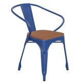 Luna Commercial Grade Blue Metal Indoor-Outdoor Chair with Arms with Teak Poly Resin Wood Seat