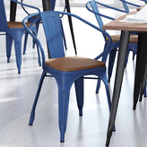 Luna Commercial Grade Blue Metal Indoor-Outdoor Chair with Arms with Teak Poly Resin Wood Seat