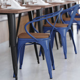 Luna Commercial Grade Blue Metal Indoor-Outdoor Chair with Arms with Teak Poly Resin Wood Seat