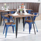 Luna Commercial Grade Blue Metal Indoor-Outdoor Chair with Arms with Teak Poly Resin Wood Seat