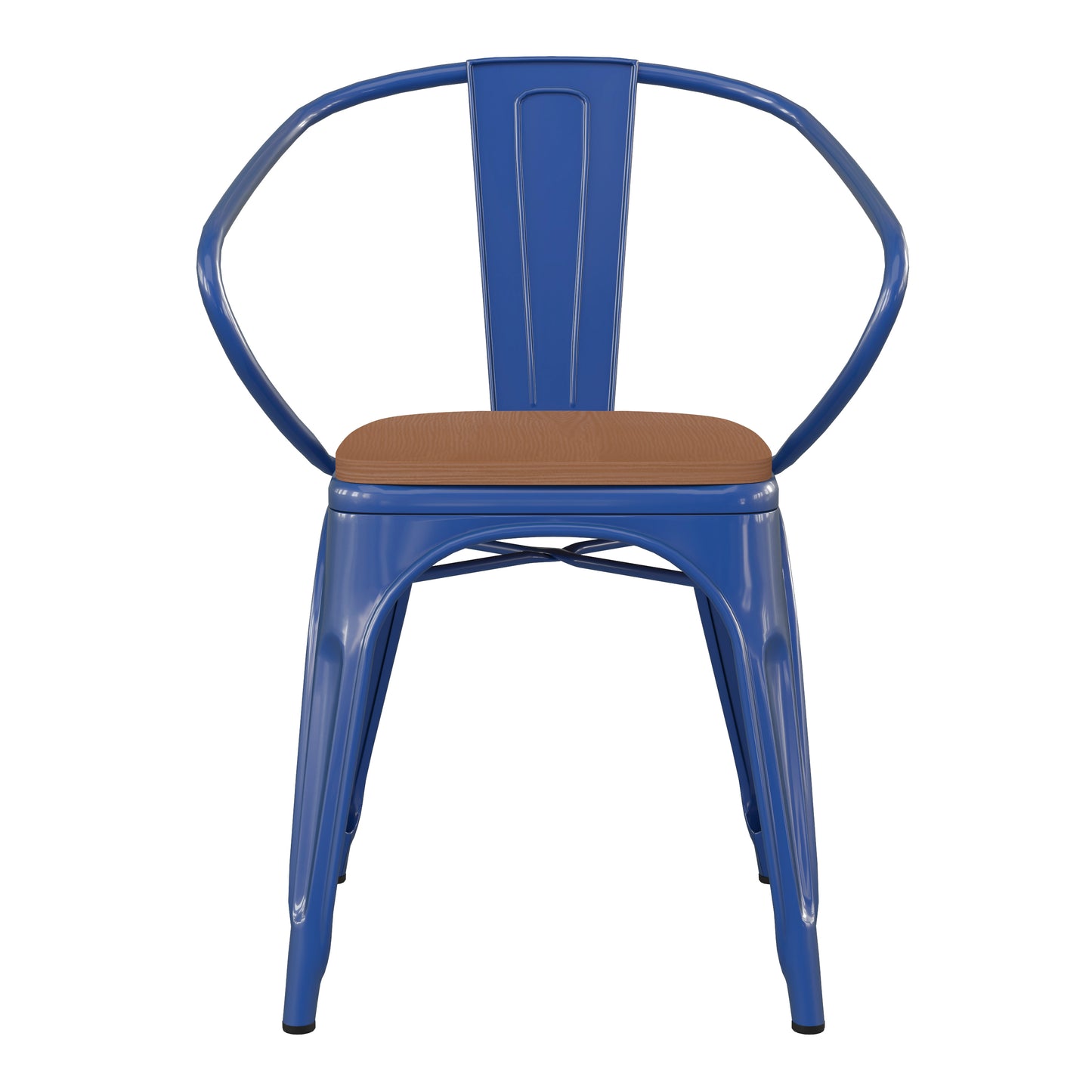 Luna Commercial Grade Blue Metal Indoor-Outdoor Chair with Arms with Teak Poly Resin Wood Seat
