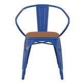 Luna Commercial Grade Blue Metal Indoor-Outdoor Chair with Arms with Teak Poly Resin Wood Seat