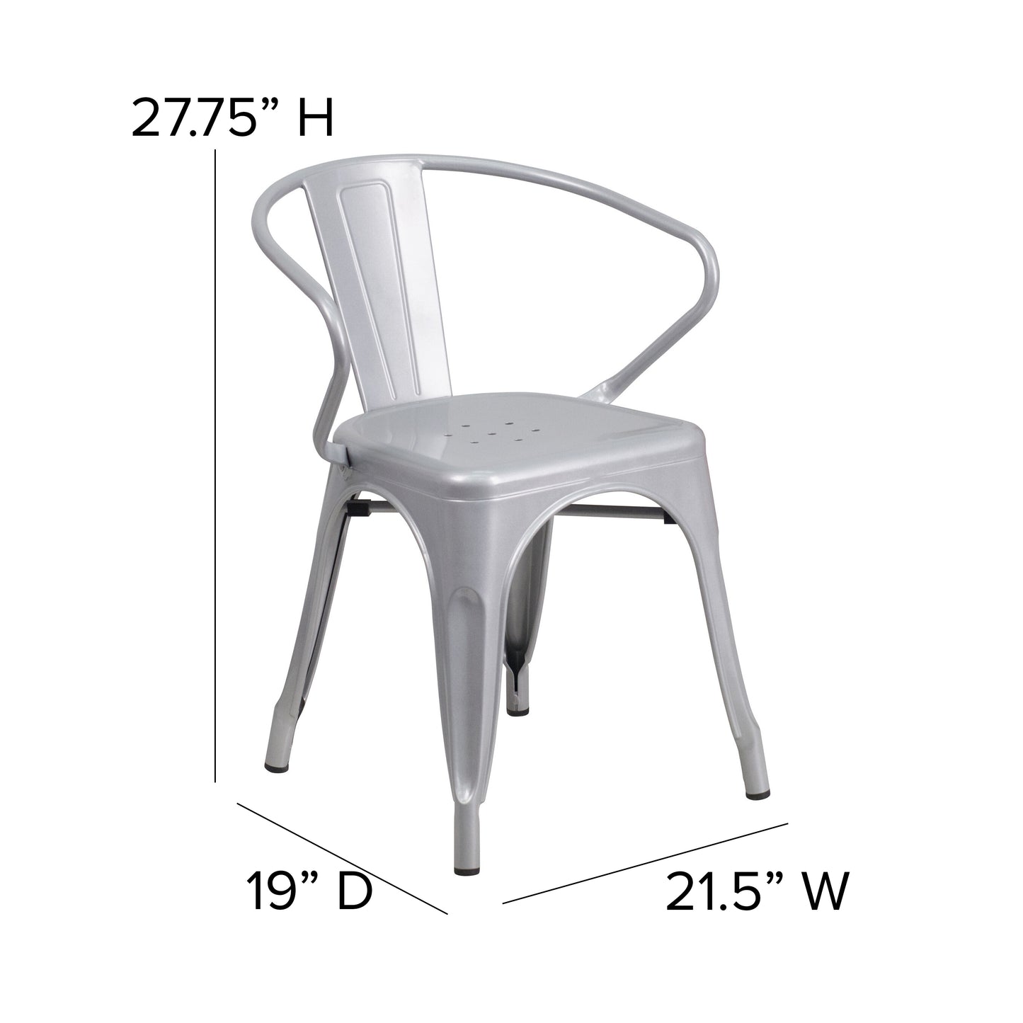 Luna Commercial Grade Silver Metal Indoor-Outdoor Chair with Arms with Gray Poly Resin Wood Seat