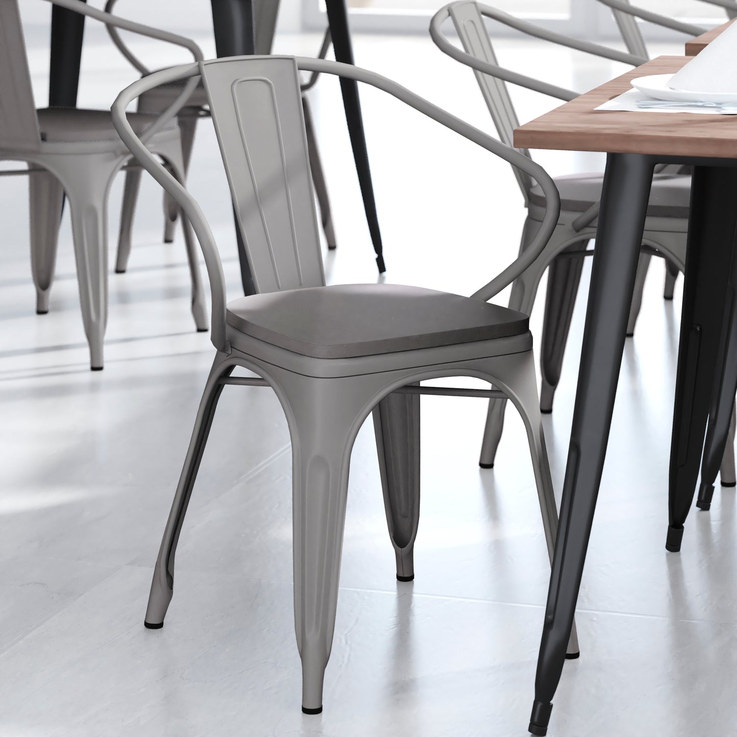 Luna Commercial Grade Silver Metal Indoor-Outdoor Chair with Arms with Gray Poly Resin Wood Seat