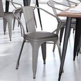 Luna Commercial Grade Silver Metal Indoor-Outdoor Chair with Arms with Gray Poly Resin Wood Seat