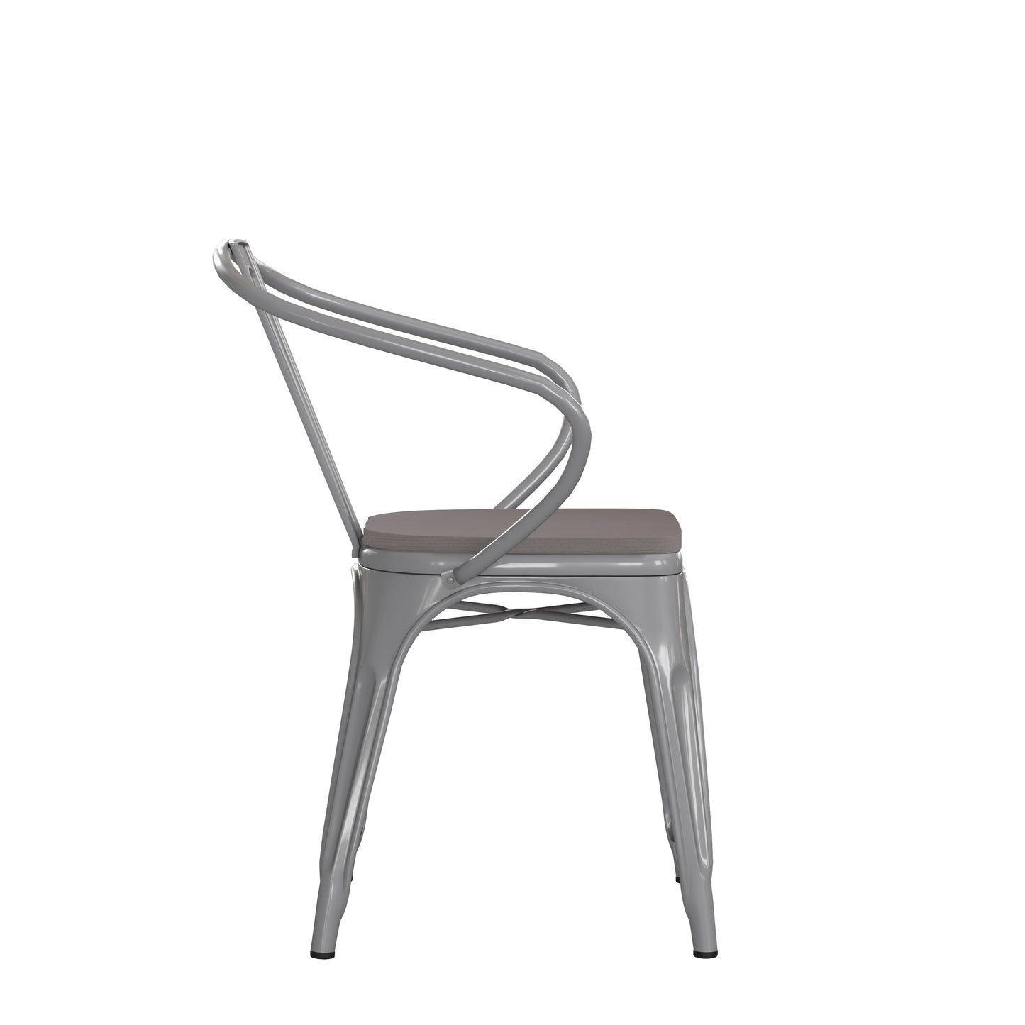 Luna Commercial Grade Silver Metal Indoor-Outdoor Chair with Arms with Gray Poly Resin Wood Seat