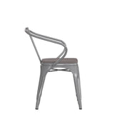 Luna Commercial Grade Silver Metal Indoor-Outdoor Chair with Arms with Gray Poly Resin Wood Seat