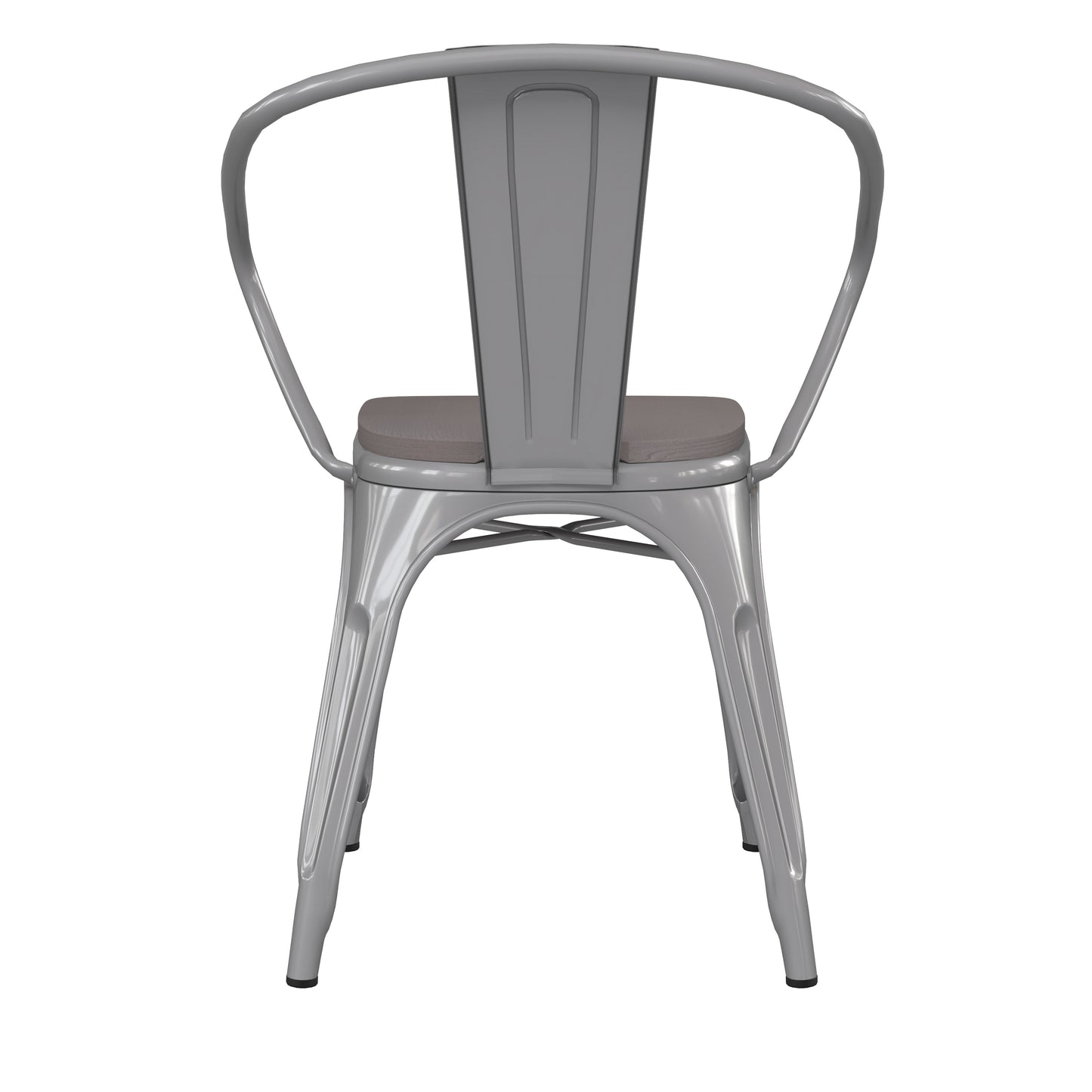 Luna Commercial Grade Silver Metal Indoor-Outdoor Chair with Arms with Gray Poly Resin Wood Seat