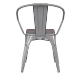 Luna Commercial Grade Silver Metal Indoor-Outdoor Chair with Arms with Gray Poly Resin Wood Seat