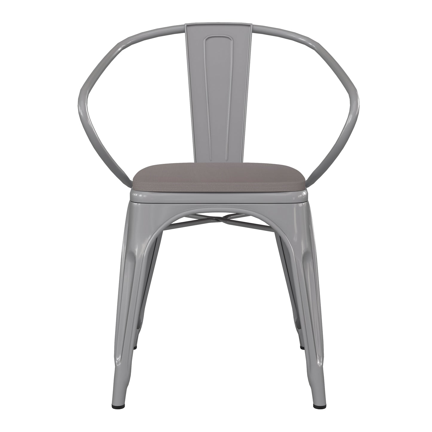 Luna Commercial Grade Silver Metal Indoor-Outdoor Chair with Arms with Gray Poly Resin Wood Seat