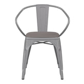 Luna Commercial Grade Silver Metal Indoor-Outdoor Chair with Arms with Gray Poly Resin Wood Seat