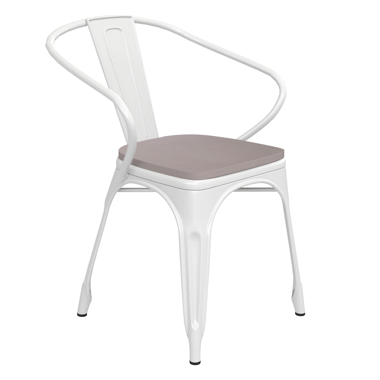 Luna Commercial Grade White Metal Indoor-Outdoor Chair with Arms with Gray Poly Resin Wood Seat