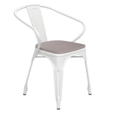 Luna Commercial Grade White Metal Indoor-Outdoor Chair with Arms with Gray Poly Resin Wood Seat