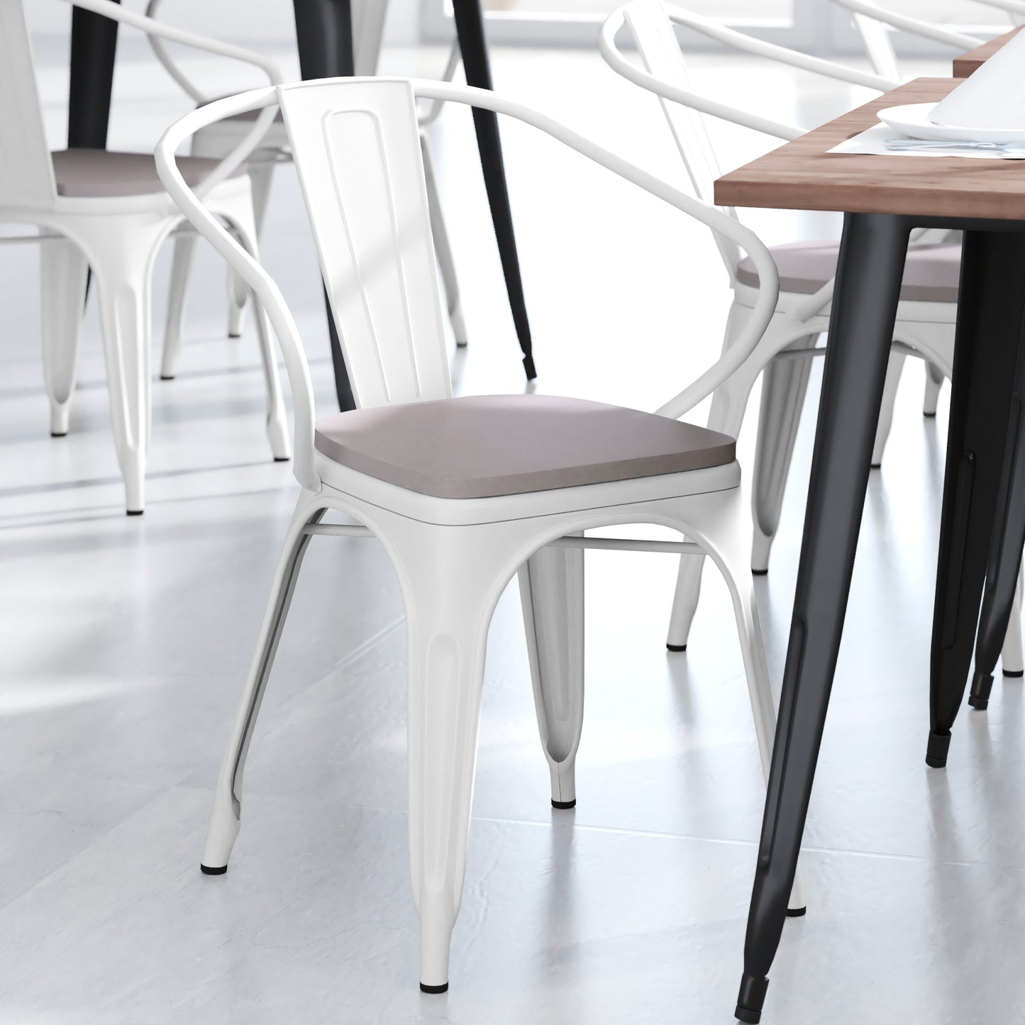 Luna Commercial Grade White Metal Indoor-Outdoor Chair with Arms with Gray Poly Resin Wood Seat