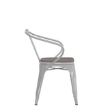 Luna Commercial Grade White Metal Indoor-Outdoor Chair with Arms with Gray Poly Resin Wood Seat