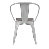 Luna Commercial Grade White Metal Indoor-Outdoor Chair with Arms with Gray Poly Resin Wood Seat