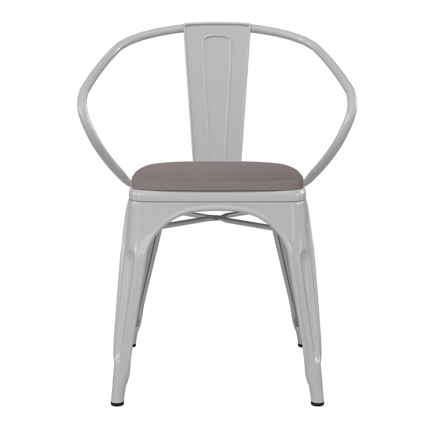 Luna Commercial Grade White Metal Indoor-Outdoor Chair with Arms with Gray Poly Resin Wood Seat