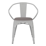 Luna Commercial Grade White Metal Indoor-Outdoor Chair with Arms with Gray Poly Resin Wood Seat