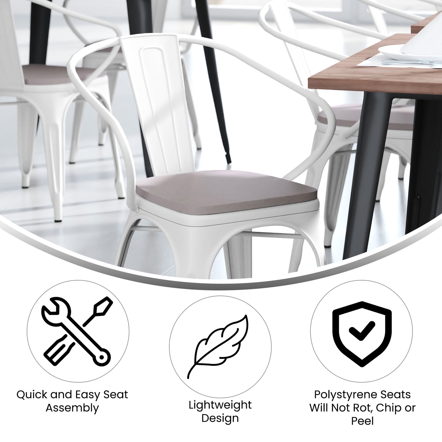 Luna Commercial Grade White Metal Indoor-Outdoor Chair with Arms with Gray Poly Resin Wood Seat