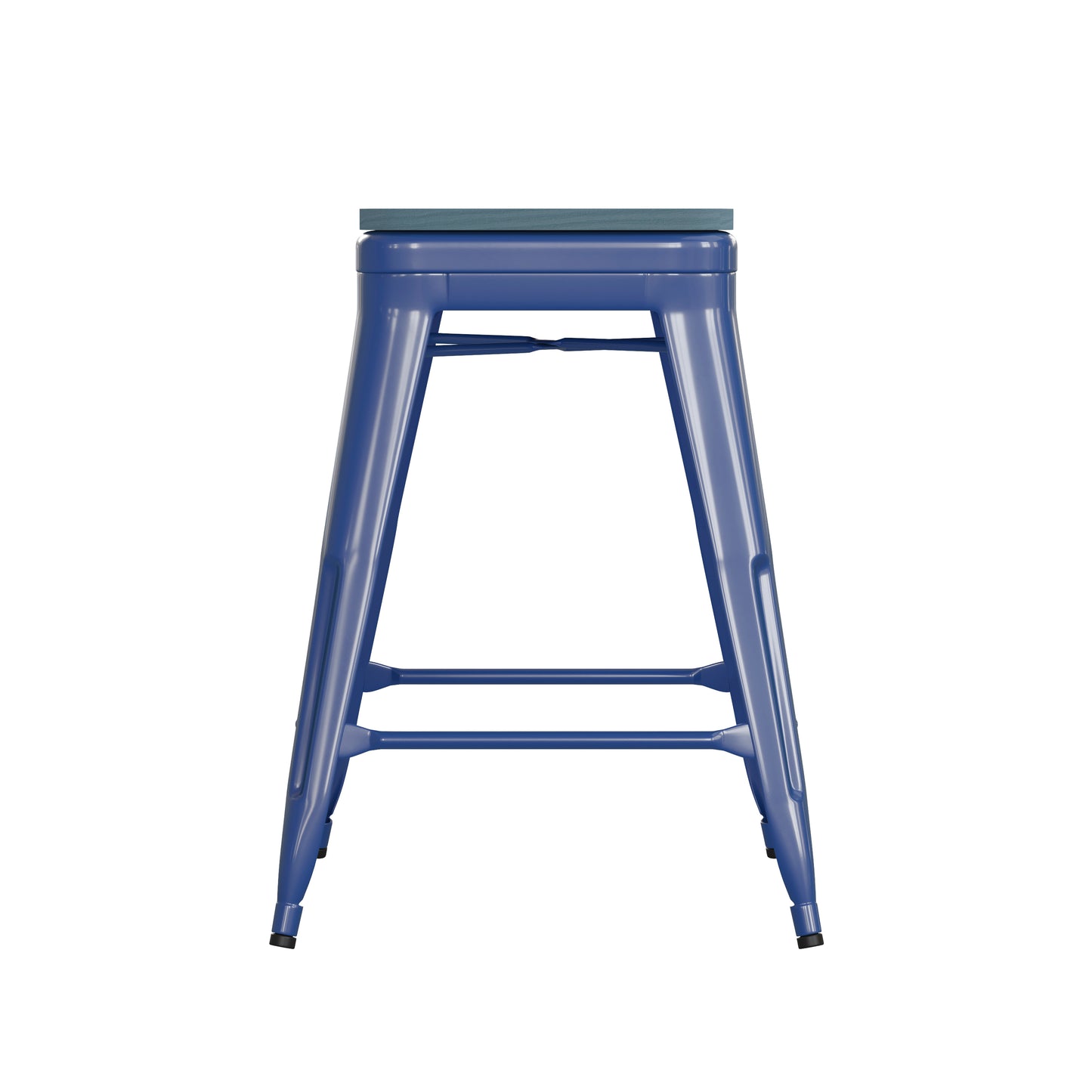 Kai Commercial Grade 24" High Backless Blue Metal Indoor-Outdoor Counter Height Stool with Teal-Blue Poly Resin Wood Seat