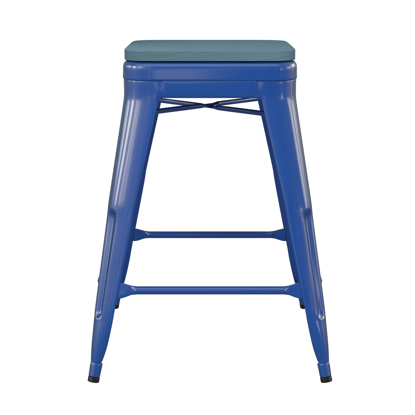 Kai Commercial Grade 24" High Backless Blue Metal Indoor-Outdoor Counter Height Stool with Teal-Blue Poly Resin Wood Seat