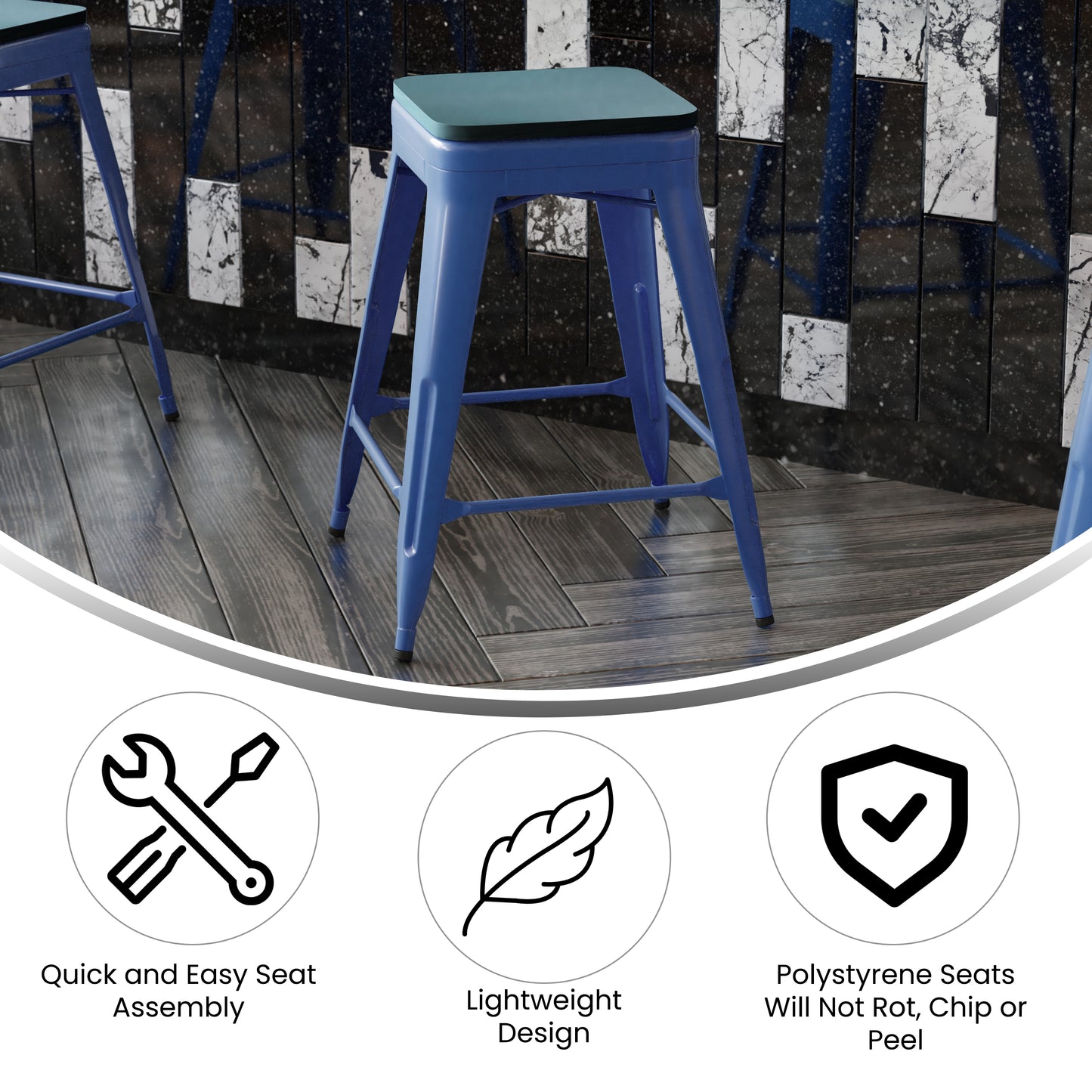 Kai Commercial Grade 24" High Backless Blue Metal Indoor-Outdoor Counter Height Stool with Teal-Blue Poly Resin Wood Seat