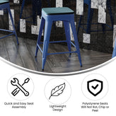 Kai Commercial Grade 24" High Backless Blue Metal Indoor-Outdoor Counter Height Stool with Teal-Blue Poly Resin Wood Seat