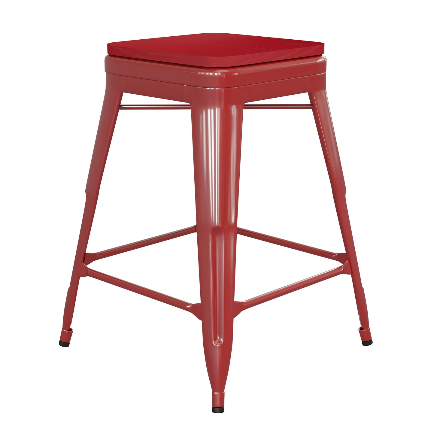 Kai Commercial Grade 24" High Backless Red Metal Indoor-Outdoor Counter Height Stool with Red Poly Resin Wood Seat