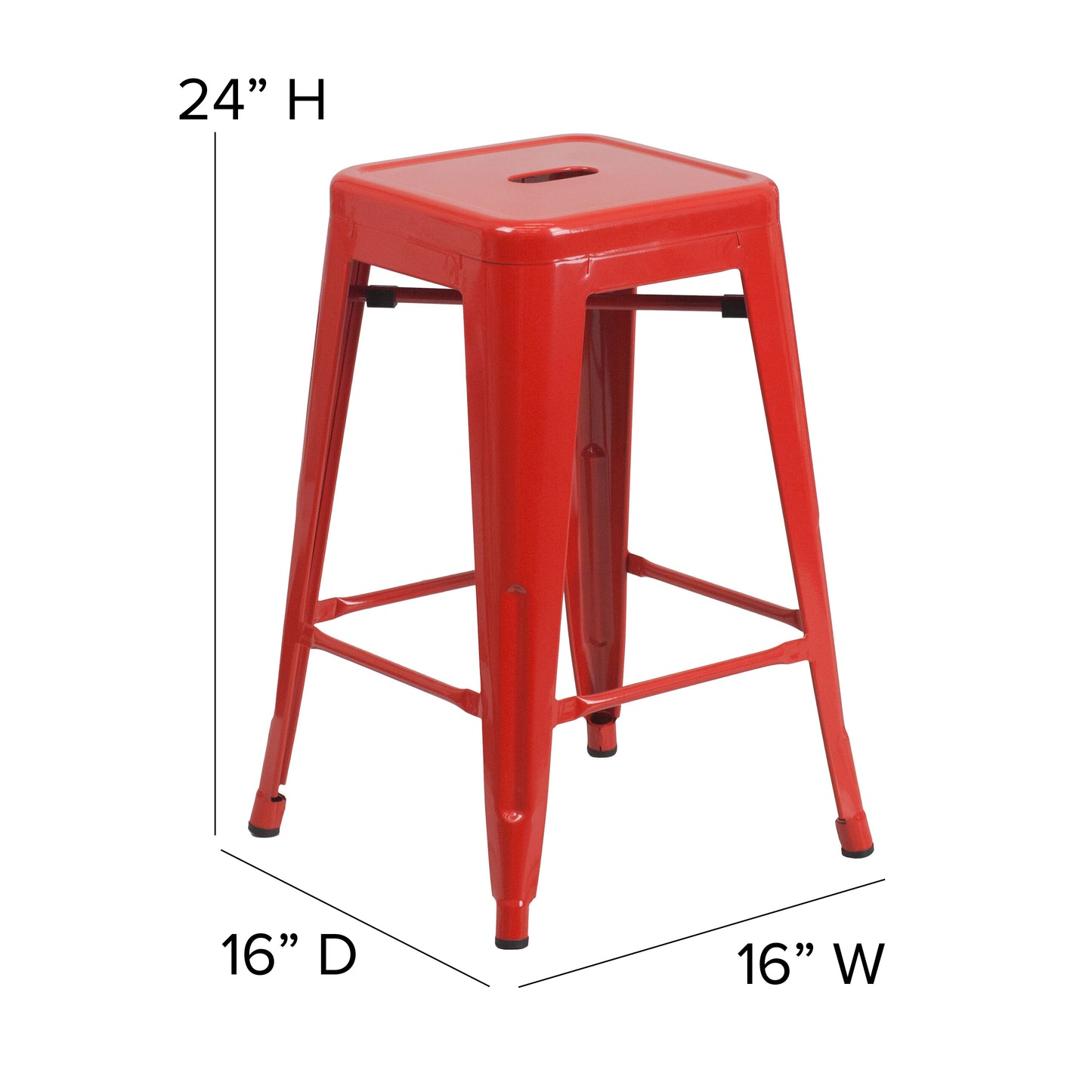 Kai Commercial Grade 24" High Backless Red Metal Indoor-Outdoor Counter Height Stool with Red Poly Resin Wood Seat