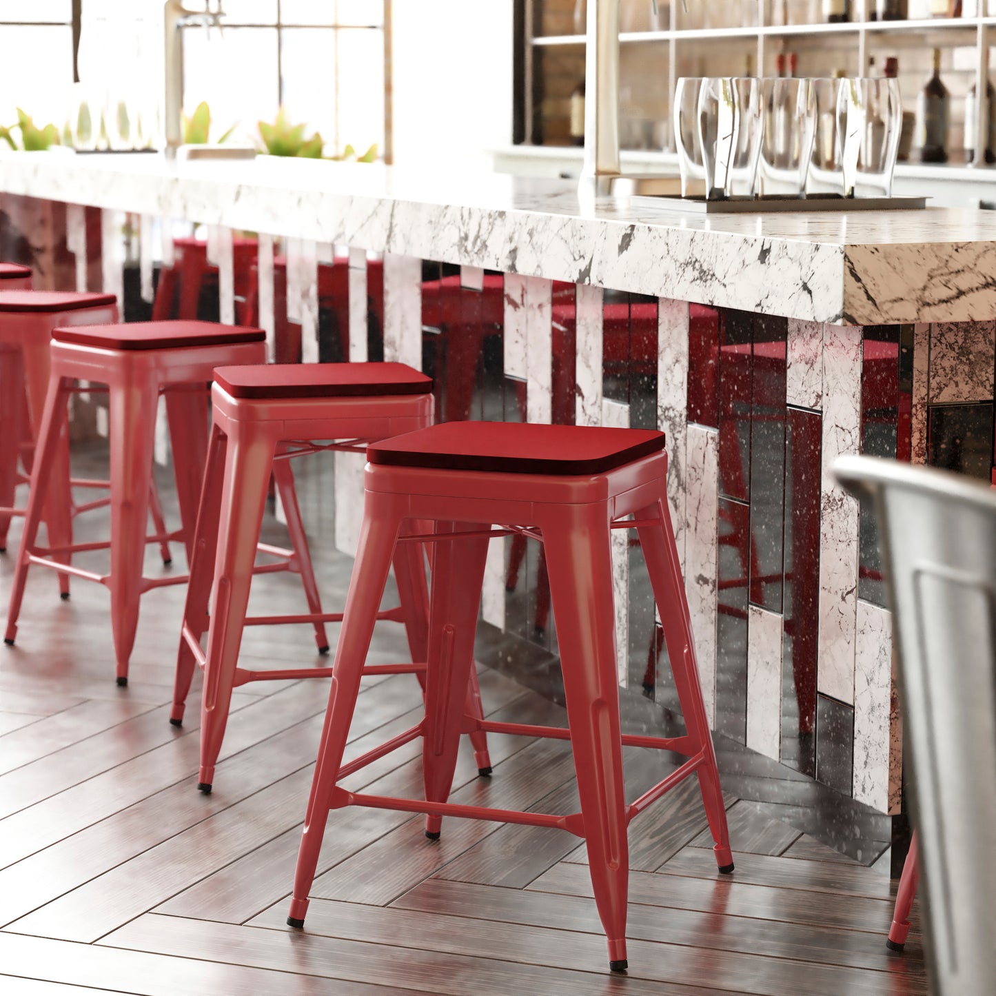 Kai Commercial Grade 24" High Backless Red Metal Indoor-Outdoor Counter Height Stool with Red Poly Resin Wood Seat