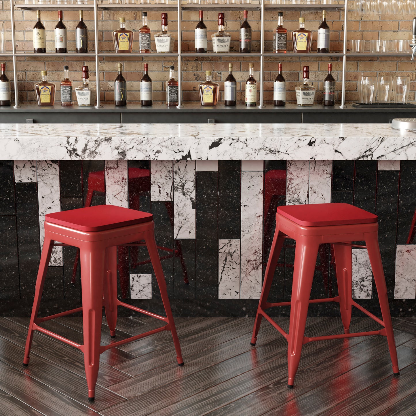 Kai Commercial Grade 24" High Backless Red Metal Indoor-Outdoor Counter Height Stool with Red Poly Resin Wood Seat