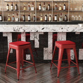 Kai Commercial Grade 24" High Backless Red Metal Indoor-Outdoor Counter Height Stool with Red Poly Resin Wood Seat