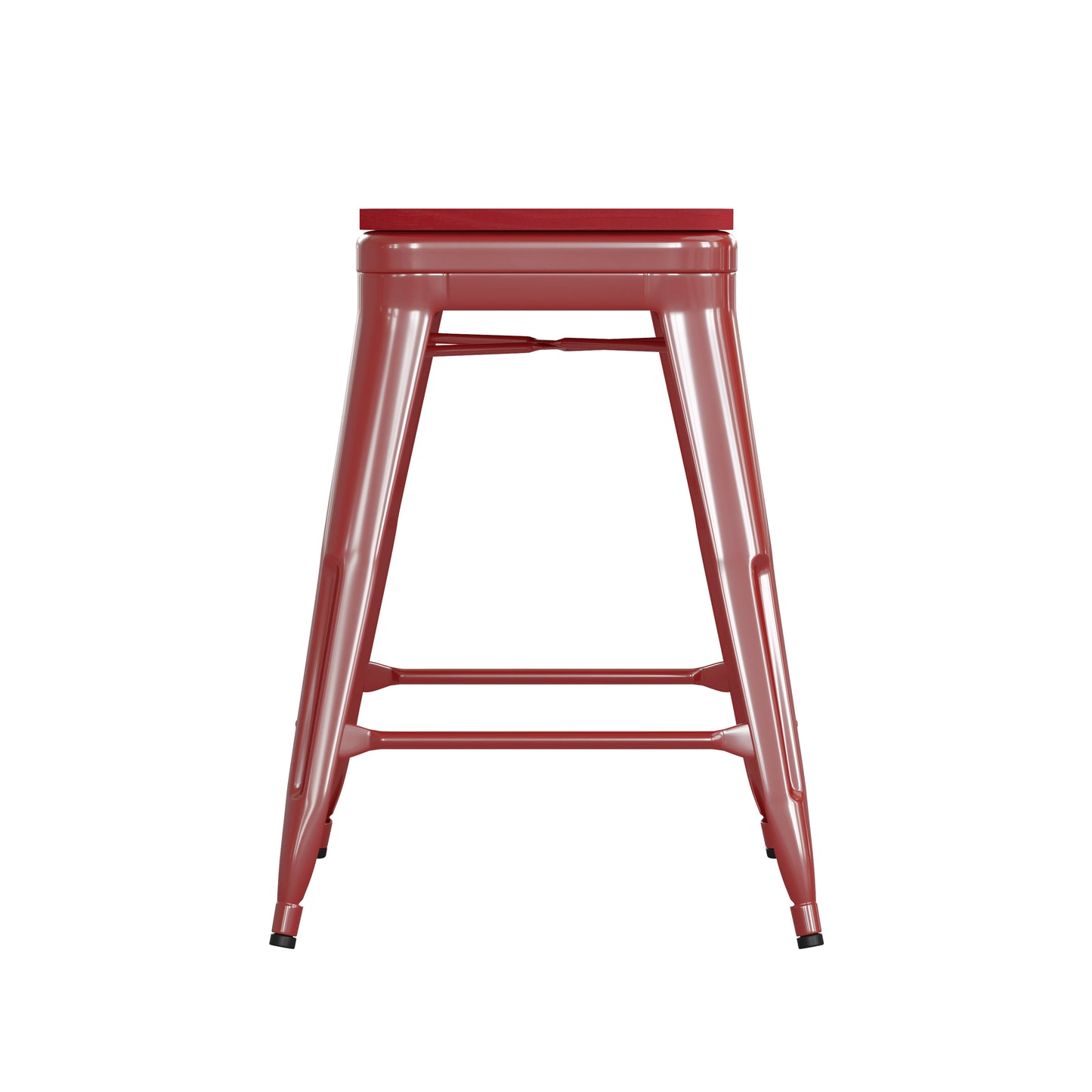 Kai Commercial Grade 24" High Backless Red Metal Indoor-Outdoor Counter Height Stool with Red Poly Resin Wood Seat
